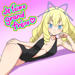  1girl black_one-piece_swimsuit blonde_hair blue_eyes blush casual_one-piece_swimsuit collarbone colored_eyelashes drill_hair drill_sidelocks french_text fukuouji_laura gradient_background hand_on_own_ass jewelpet_(series) jewelpet_magical_change long_hair looking_at_viewer lying meow_(nekodenki) on_side one-piece_swimsuit purple_background sidelocks solo swimsuit thighs translated 