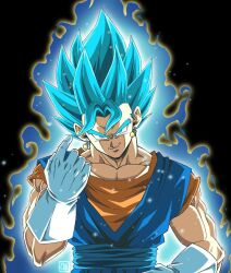  1boy aura black_background blue_eyes blue_hair come_at_me_bro commentary_request dougi dragon_ball dragon_ball_super earrings floating_hair gloves hand_on_own_hip head_tilt jewelry looking_at_viewer male_focus muscular muscular_male potara_earrings signature smirk solo spiked_hair super_saiyan super_saiyan_blue upper_body vegetto white_gloves y_man_07 