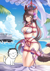  1boy 1girl :d absurdres animal_ear_fluff animal_ears animalization beach bikini black_pants blue_archive blurry boat bound breasts brown_eyes brown_hair cleavage colored_inner_hair commentary_request depth_of_field dog doodle_sensei_(blue_archive) ean eyeshadow flower fox_ears fox_girl fox_tail hair_between_eyes hair_bun hair_flower hair_ornament halo highres kneeling large_breasts long_hair looking_at_another looking_at_viewer makeup mountainous_horizon multicolored_hair navel official_alternate_costume official_alternate_hairstyle okazakileo one_side_up open_mouth outdoors pants print_bikini red_eyeshadow restrained roller_skates sensei_(blue_archive) shibari sidelocks single_hair_bun skates smile stomach swimsuit tail tied_up_(nonsexual) two-tone_hair wakamo_(blue_archive) wakamo_(swimsuit)_(blue_archive) watercraft waving white_bikini  rating:Sensitive score:6 user:danbooru