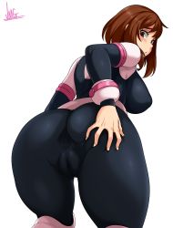  1girl absurdres ass ass_grab black_pants boku_no_hero_academia bracelet breasts brown_eyes brown_hair cameltoe cleft_of_venus from_behind grabbing_own_ass highres jewelry jmg large_breasts looking_at_viewer looking_back paid_reward_available pants short_hair simple_background skin_tight solo thighs uraraka_ochako white_background  rating:Questionable score:196 user:danbooru