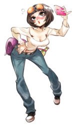  10s 1girl bare_shoulders belt blush bottle breasts brown_eyes brown_hair cellphone cleavage denim eyewear_on_head fanny_pack full_body leaning_forward lipstick long_sleeves makeup medium_breasts midriff ohya_ichiko persona persona_5 phone pouch rafchu shoes short_hair simple_background sneakers solo standing sunglasses sunglasses_on_head  rating:Sensitive score:40 user:Anon_Perv