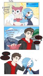  1boy 1girl 3koma :3 ^_^ alternate_color arms_up black_cloak black_jacket blue_skin blue_sky blush brown_hair bush cloak closed_eyes clothed_pokemon cloud colored_skin comic day english_text facial_mark flat_chest furret gardevoir gen_2_pokemon gen_3_pokemon green_eyes grey_shirt happy headpat heart holding holding_pokemon hood hood_down hooded_sweater jacket mr._death multicolored_skin multiple_views notice_lines open_clothes open_jacket open_mouth orange_eyes original outdoors outstretched_arms parted_lips pokemon_(creature) red_sweater shiny_pokemon shirt sky smile sparkle speech_bubble spoken_heart standing sweater talking two-tone_skin upper_body v_arms whisker_markings white_skin 