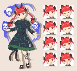 1girl 4rion absurdres animal_ears black_bow black_footwear black_ribbon black_tail bow cat_ears cat_tail closed_eyes closed_mouth commentary_request dress expressions extra_ears footwear_bow frilled_sleeves frills full_body green_dress grey_background hair_bow highres hitodama juliet_sleeves kaenbyou_rin long_sleeves mary_janes multiple_views neck_ribbon open_mouth puffy_sleeves red_eyes red_hair ribbon shin_strap shoes simple_background skull standing tachi-e tail touhou