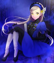  10s 1girl blue_background blue_dress blue_hairband book book_on_lap breasts breasts_apart bug butterfly butterfly_hair_ornament closed_mouth dress full_body hair_ornament hairband happy indoors insect knees_up lavenza_(persona_5) long_hair looking_at_viewer mozuyun persona persona_5 room shoes sitting skirt small_breasts smile socks solo velvet_room very_long_hair white_socks yellow_eyes  rating:Sensitive score:13 user:Lolipops