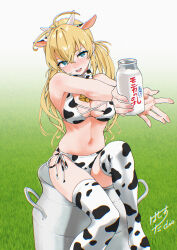  1girl absurdres ahoge animal_print bare_arms bare_shoulders bikini blonde_hair blue_eyes blush bottle breasts cleavage commentary_request cow_print cow_print_bikini cow_print_thighhighs fingernails glass_bottle grass hassystants highres holding holding_bottle knee_up large_breasts looking_at_viewer low_twintails milk_bottle nail_polish navel nose_blush open_mouth original outstretched_arms pink_nails print_bikini print_thighhighs signature sitting sitting_on_object solo swimsuit thighhighs twintails 