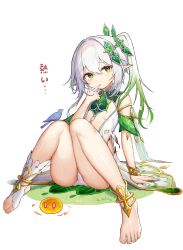 1girl absurdres bare_shoulders breasts center_opening closed_mouth crying crying_with_eyes_open dress elf feet finger_to_mouth full_body genshin_impact grass green_eyes hair_ornament highres kiriko_(araragikoyomi) looking_at_viewer nahida_(genshin_impact) open_clothes open_dress panties pointy_ears sad simple_background sitting slime_(genshin_impact) small_breasts tears text_focus thighs toeless_footwear toes torn_clothes torn_dress translation_request underwear white_background white_dress white_hair white_panties rating:Sensitive score:114 user:danbooru