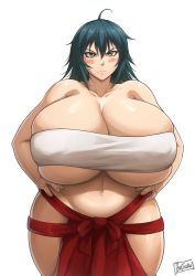 1girl ahoge artist_name batako_(batakoart) blue_hair blush breasts collarbone curvy frown gigantic_breasts green_eyes hand_on_own_hip hands_on_own_hips highres huge_breasts long_hair looking_at_viewer manyuu_chifusa manyuu_hikenchou navel plump simple_background solo stomach thick_thighs thighs white_background wide_hips  rating:Questionable score:141 user:JustHere4Butts