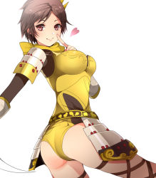  1girl armor ass bad_id bad_pixiv_id belt bikini_armor breasts brown_eyes brown_hair cowboy_shot cross-laced_clothes cross-laced_legwear eyelashes faulds female_focus finger_to_mouth hair_ornament heart japanese_armor komekei kusazuri large_breasts leotard long_sleeves looking_at_viewer looking_back nene nene_(sengoku_musou) red_eyes scarf sengoku_musou sengoku_musou_2 sengoku_musou_3 short_hair shoulder_armor simple_background smile sode solo spoken_heart standing white_background 