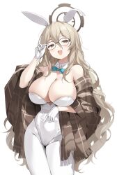 1girl absurdres adjusting_eyewear akane_(blue_archive) akane_(bunny)_(blue_archive) animal_ears bare_shoulders black-framed_eyewear blue_archive breasts brown_eyes brown_halo brown_shawl cleavage covered_navel fake_animal_ears glasses gloves gogoco halo hashtag-only_commentary highres large_breasts leotard light_brown_hair official_alternate_costume open_mouth pantyhose plaid_shawl rabbit_ears shawl simple_background smile solo strapless strapless_leotard upper_body wavy_hair white_background white_gloves white_leotard white_pantyhose  rating:Sensitive score:16 user:danbooru