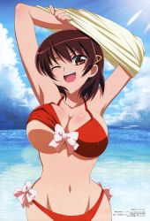  00s 1girl ;d absurdres armpits arms_up bikini bikini_top_lift blush body_blush bouncing_breasts bow bow_bikini breasts brown_eyes brown_hair cleavage clothes_lift cloud covered_erect_nipples crossed_arms curvy fujiwara_naeka groin hair_between_eyes hair_ornament hairclip head_tilt highres huge_filesize kamen_no_maid_guy large_breasts light_rays looking_at_viewer lowleg lowleg_bikini megami_magazine navel ocean official_art one_eye_closed ootsuka_midori open_mouth outdoors pinky_out red_bikini scan shirt shirt_lift short_hair sideboob sky smile solo standing sunbeam sunlight swimsuit unaligned_breasts underboob undressing wardrobe_malfunction water wide_hips wink  rating:Questionable score:70 user:HarveyTheHammer
