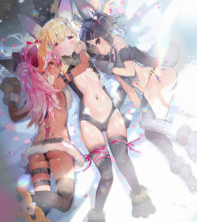 3girls :p animal_ears animal_hands armband ass bad_id bad_pixiv_id bell black_hair blonde_hair bow breasts brown_eyes chloe_von_einzbern collar crab_d dangerous_beast_(chloe) dangerous_beast_(illya) dangerous_beast_(miyu) dark-skinned_female dark_skin dimples_of_venus fate/kaleid_liner_prisma_illya fate_(series) full_body fur_trim girl_sandwich gloves hair_bow illyasviel_von_einzbern jingle_bell long_hair lying miyu_edelfelt multiple_girls navel on_side orange_eyes paw_gloves petals red_eyes sandwiched short_hair sideboob small_breasts stomach tail thong tongue tongue_out rating:Questionable score:55 user:danbooru