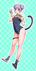 1girl ahoge animal_hands bell blue_background blunt_bangs blush breasts cameltoe cat_paws cat_tail covered_navel double_bun female_focus full_body grey_one-piece_swimsuit hair_bun highres looking_at_viewer neck_bell official_alternate_costume one-piece_swimsuit outline parted_lips purple_eyes purple_hair sandals small_breasts solo sophie_(tales) swimsuit tail tales_of_(series) tales_of_graces thigh_strap usagi_nagomu white_outline rating:Questionable score:26 user:danbooru