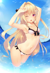10s 1girl arched_back armpits arms_up ass bad_id bad_pixiv_id bare_shoulders bikini blonde_hair blue_sky blush breasts cleavage cloud collarbone day fisheye front-tie_top hair_intakes highres konjiki_no_yami lens_flare long_hair looking_at_viewer navel ocean one_eye_closed open_mouth outdoors partially_submerged red_eyes shokuyou_mogura side-tie_bikini_bottom sky small_breasts solo standing sun swimsuit to_love-ru to_love-ru_darkness very_long_hair wading water wet white_bikini rating:Sensitive score:50 user:danbooru