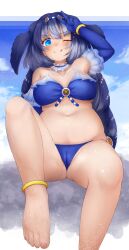  1girl ;q absurdres arm_up barefoot belly bikini blue_bikini blue_eyes blue_hair blush breasts cameltoe choker dark_blue_hair elbow_gloves fins foot_out_of_frame frilled_choker frills gloves gluteal_fold head_fins heart highres kemono_friends kemono_friends_3 knee_up large_breasts leaning_back light_blue_hair long_hair looking_at_viewer multicolored_hair navel one_eye_closed plump sitting skindentation smile solo spread_legs steller&#039;s_sea_cow_(kemono_friends) stomach straight-on swimsuit takara_(takara0508) toenails toes tongue tongue_out v very_long_hair wet 