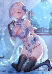  1girl architecture black_gloves black_thighhighs breasts china_dress chinese_clothes cleavage curtains dress east_asian_architecture elbow_gloves eyebrows_hidden_by_hair fate/grand_order fate_(series) flower gloves hair_flower hair_ornament hair_over_one_eye indoors katase_bono kneehighs large_breasts light_purple_hair looking_at_viewer mash_kyrielight open_mouth petals purple_eyes short_hair socks solo thighhighs underwear  rating:Explicit score:24 user:Razor2005