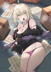  1girl absurdres ahoge black_dress blonde_hair box bra breasts cardboard_box cleavage commentary_request cover cover_page dress fate/grand_order fate_(series) fur_trim highres itohana jeanne_d&#039;arc_alter_(fate) jeanne_d&#039;arc_alter_(ver._shinjuku_1999)_(fate) lace lace-trimmed_bra lace-trimmed_panties lace_trim large_breasts lowleg lowleg_panties official_alternate_costume on_floor open_mouth pages panties paper pink_bra pink_panties short_hair solo tank_top tile_floor tiles underwear yellow_eyes 