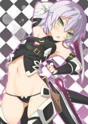  1girl bandages bare_shoulders black_panties black_thighhighs breasts cameltoe checkered_background cleavage_cutout clothing_cutout dual_wielding fate/apocrypha fate/grand_order fate_(series) gloves gluteal_fold green_eyes holding jack_the_ripper_(fate/apocrypha) lo_xueming looking_at_viewer lowleg lowleg_panties navel open_mouth outline panties reverse_grip scar short_hair silver_hair skindentation small_breasts solo splatter sword tattoo thighhighs underwear weapon  rating:Sensitive score:36 user:danbooru