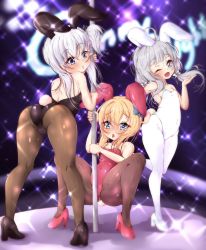 3girls :3 absurdres aged_down ahoge animal_ears ass azur_lane belfast_(azur_lane) bent_over blonde_hair blunt_bangs blush bow breasts cleft_of_venus ether_core fake_animal_ears full_body grinding hair_bow heart heart-shaped_pupils high_heels highres leotard little_bel_(azur_lane) little_illustrious_(azur_lane) little_renown_(azur_lane) loli long_hair looking_at_viewer looking_back multiple_girls one_eye_closed open_mouth pantyhose playboy_bunny pole pole_dancing rabbit_ears small_breasts spread_legs squatting standing stripper_pole symbol-shaped_pupils tail thighs white_legwear rating:Questionable score:257 user:Domestic_Importer