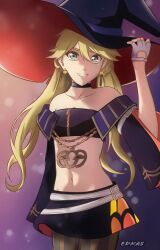 bleach bleach:_brave_souls blonde_hair burn_the_witch gloves green_eyes halloween_costume hat highres miniskirt ninny_spangcole pumpkin skirt smile witch_hat  rating:General score:6 user:Edkas