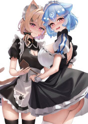  2girls :d absurdres animal_ear_fluff animal_ears apron ass back_cutout black_dress black_thighhighs blonde_hair blue_hair breasts cat_cutout cat_ears character_request cleavage_cutout clothing_cutout cowboy_shot dress facial_mark heart heart-shaped_pupils highres holding indie_virtual_youtuber large_breasts looking_at_viewer maid maid_headdress multiple_girls open_mouth paw_print pink_eyes puffy_short_sleeves puffy_sleeves red_eyes short_hair short_sleeves shyrei_faolan simple_background skai_kun smile standing symbol-shaped_pupils thighhighs waist_apron whisker_markings white_apron white_background white_thighhighs wrist_cuffs 