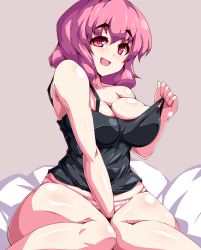 1girl bad_id bad_pixiv_id bare_shoulders breasts cleavage female_focus large_breasts moisture_(chichi) open_mouth panties pink_eyes pink_hair saigyouji_yuyuko short_hair simple_background sitting skindentation smile solo striped_clothes striped_panties thighs touhou underwear undressing wariza wide_hips rating:Questionable score:84 user:danbooru