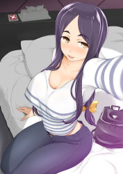 1girl arm_up bag blush breasts cleavage condom condom_wrapper covered_erect_nipples eyebrows_hidden_by_hair feet_out_of_frame female_focus from_above groin handbag highres indoors large_breasts legs light_blush long_hair looking_at_viewer low-tied_long_hair miito_shido on_bed open_mouth original parted_bangs pillow purple_hair sitting smile solo thighs tissue_box yellow_eyes 