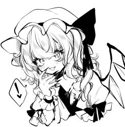  ! 1girl ascot blush collared_shirt crystal fangs fingernails flandre_scarlet frilled_shirt_collar frills greyscale hat highres long_fingernails long_hair looking_at_viewer mob_cap monochrome nail_polish open_mouth sharp_fingernails shirt short_sleeves side_ponytail simple_background smile solo spoken_exclamation_mark touhou upper_body vest white_background wings wrist_cuffs yoma_(lycoris109) 