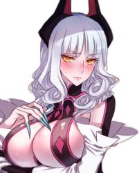 1girl bad_id bad_twitter_id blush breast_hold breasts carmilla_(fate) cosplay curly_hair elizabeth_bathory_(fate) elizabeth_bathory_(fate)_(cosplay) elizabeth_bathory_(fate/extra_ccc) elizabeth_bathory_(first_ascension)_(fate) fate/grand_order fate_(series) fingernails large_breasts long_fingernails moe_(hamhamham) simple_background solo tears very_long_fingernails white_hair yellow_eyes rating:Sensitive score:36 user:danbooru