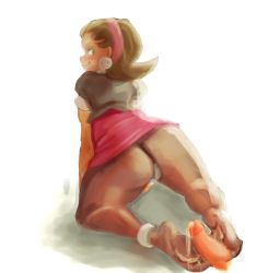 1girl :q all_fours anklet ass bad_id bad_tumblr_id brown_hair cum cum_on_body cum_on_lower_body disembodied_penis dress earrings feet flipped_hair footjob green_eyes hair_slicked_back hairband jewelry licking_lips mega_man_(series) mega_man_legends_(series) no_shoes panties panties_under_pantyhose pantyhose penis pink_hairband rear_rails short_dress short_hair skull_earrings solo solo_focus tongue tongue_out tron_bonne_(mega_man) uncensored underwear