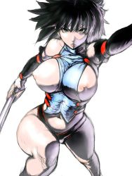  1girl angry bare_shoulders bastard!! between_breasts black_hair breastless_clothes breasts clothes_between_breasts curvy fumio_(rsqkr) green_eyes hip_focus huge_breasts kai_harn navel nipples short_hair sketch solo wardrobe_malfunction wide_hips  rating:Questionable score:99 user:danbooru