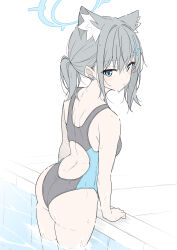  1girl animal_ear_fluff animal_ears ass bare_arms bare_legs bare_shoulders barefoot black_one-piece_swimsuit blue_archive blue_eyes blue_halo blush breasts bright_pupils closed_mouth collarbone commentary competition_swimsuit cross cross_hair_ornament earrings extra_ears from_behind hair_ornament halo highres inverted_cross jewelry looking_at_viewer masabodo medium_breasts mismatched_pupils official_alternate_costume official_alternate_hairstyle one-piece_swimsuit pool poolside revision shiroko_(blue_archive) shiroko_(swimsuit)_(blue_archive) short_ponytail simple_background solo stud_earrings swimsuit thighs toes wading wet white_background white_pupils wolf_ears wolf_girl 