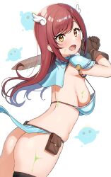 1girl absurdres angel_wings arm_strap armor ass bikini_armor black_thighhighs blue_capelet blush breasts brown_gloves capelet commentary debi_tarou dot_nose floating_hair gloves groin hair_ornament hairpin highres holding holding_sword holding_weapon idolmaster idolmaster_shiny_colors leaning_forward long_hair looking_at_viewer medium_breasts open_mouth osaki_amana pouch raised_eyebrow red_hair shoulder_armor single_bare_shoulder single_thighhigh skindentation solo standing sword thigh_pouch thighhighs thighs wanimaru wardrobe_malfunction weapon wings wooden_sword yellow_eyes