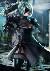  1girl black_blindfold black_footwear black_leotard blindfold bob_cut boots breasts carlos_morilla cleavage cleavage_cutout clothing_cutout elbow_gloves foreshortening gloves highres katana large_breasts leotard lips lipstick makeup medium_breasts nier:automata nier_(series) outdoors outstretched_arm short_hair solo sword thigh_boots weapon weapon_on_back white_hair 2b_(nier:automata) 