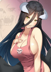 1girl albedo_(overlord) apron black_hair black_wings blush breasts cleavage demon_girl demon_horns highres horns large_breasts long_hair looking_at_viewer naked_apron no_bra overlord_(maruyama) sideboob smile solo demon_girl wings yamacchi yellow_eyes rating:Questionable score:69 user:danbooru