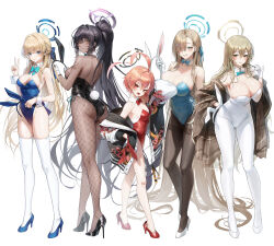  5girls absurdres ahoge akane_(blue_archive) akane_(bunny)_(blue_archive) animal_ears aqua_bow aqua_bowtie arm_tattoo armpits ass asuna_(blue_archive) asuna_(bunny)_(blue_archive) back backless_leotard bare_arms bare_back bare_legs bare_shoulders black-framed_eyewear black_footwear black_hair black_hairband black_leotard blonde_hair blue_archive blue_bow blue_bowtie blue_footwear blue_hairband blue_leotard blush bow bowtie braid braided_sidelock breasts brown_shawl cleaning_&amp;_clearing_(blue_archive) cleavage closed_mouth cropped_torso dark-skinned_female dark_skin detached_collar double-parted_bangs earrings fake_animal_ears fake_halo fake_tail fang fishnet_pantyhose fishnets from_behind full_body glasses gloves groin hair_intakes hairband halo hand_up high_heels high_ponytail highleg highleg_leotard highres holding holding_hairband holding_removed_eyewear huge_ahoge jacket jewelry karin_(blue_archive) karin_(bunny)_(blue_archive) large_breasts legs leotard light_brown_hair light_frown lineup long_hair looking_at_viewer looking_back medium_breasts meoyo mole mole_under_eye multicolored_hair multiple_girls neru_(blue_archive) neru_(bunny)_(blue_archive) number_tattoo official_alternate_costume open_mouth pantyhose pink_hair playboy_bunny ponytail rabbit_ears rabbit_tail red_bow red_bowtie red_eyes red_footwear red_leotard shawl shoes short_hair shoulder_tattoo side-tie_leotard sideboob sidelocks simple_background single_braid slit_pupils small_breasts smile standing straight_hair strapless strapless_leotard streaked_hair stud_earrings tail tattoo thighhighs thighs toki_(blue_archive) toki_(bunny)_(blue_archive) traditional_bowtie tube_top unworn_eyewear unworn_hairband v very_long_hair white_background white_footwear white_gloves white_hairband white_leotard white_pantyhose white_thighhighs white_tube_top wrist_cuffs yellow_eyes 