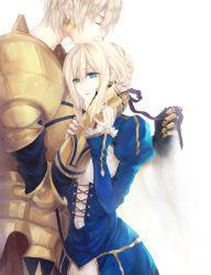  1boy 1girl 9tsumura ahoge armor artoria_pendragon_(fate) bad_id bad_pixiv_id blonde_hair blue_eyes dress earrings fate/zero fate_(series) gilgamesh_(fate) kissing_hair hair_ribbon holding_hands hand_on_another&#039;s_face height_difference hetero jewelry ribbon saber_(fate) white_background  rating:Sensitive score:8 user:danbooru