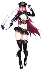  1girl bare_shoulders breasts curvy dominatrix female_focus full_body hair_between_eyes hair_ornament hat highres large_breasts lilith-soft long_hair looking_at_viewer miniskirt navel open_mouth pink_hair shiny_clothes shiny_skin simple_background skirt standing taimanin_(series) taimanin_asagi taimanin_rpgx very_long_hair whip yanagi_rokuho yuuji_(and)  rating:Questionable score:47 user:fakyuh