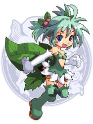  1girl :d blue_eyes boots clothing_cutout copyright_request dress elbow_gloves fairy flat_chest full_body gloves green_hair hair_ornament holly_hair_ornament leaf_wings lillithlauda looking_at_viewer md5_mismatch navel navel_cutout open_mouth pixel_art pointy_ears smile solo strapless strapless_dress thigh_boots webp-to-png_conversion white_background white_gloves wings 
