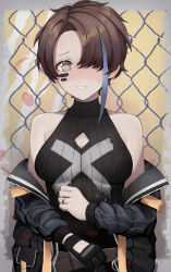  1girl absurdres black_jacket blue_hair breasts brown_hair content_rating covered_collarbone cowboy_shot girls&#039;_frontline hair_over_one_eye highres jacket jewelry large_breasts multicolored_hair ring saiun_sigma short_hair sleeveless solo tec-9_(girls&#039;_frontline) two-tone_hair upper_body wedding_band 