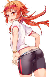1boy androgynous ass blush butt_crack curvy embarrassed fate/grand_order fate_(series) gym_uniform hairband headband highres jairou long_hair looking_at_viewer looking_back male_focus rama_(fate) red_hair shorts simple_background solo sweat trap rating:Questionable score:217 user:KingJCT7