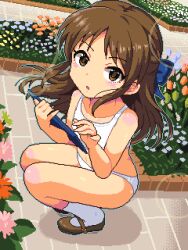  1girl blue_flower blurry blush bokeh bra breasts brick_floor brown_eyes brown_footwear brown_hair clipboard collarbone commentary depth_of_field dithering floating_hair flower flower_bed from_above from_side full_body green_outline holding holding_clipboard idolmaster idolmaster_cinderella_girls lillithlauda loli long_hair looking_at_viewer looking_to_the_side looking_up loose_hair_strand mary_janes outdoors outline panties park parted_lips pink_flower pixel_art red_flower shoes small_breasts socks solo squatting tachibana_arisu training_bra underwear variant_set white_bra white_flower white_panties white_socks 