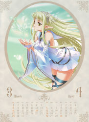  00s 1girl 2009 absurdres april blonde_hair braid calendar carnelian cupping_hands detached_sleeves earrings elf female_focus green_eyes highres jewelry long_hair march own_hands_together pointy_ears scan solo  rating:Sensitive score:5 user:Kisara