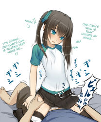 1boy 1girl blue_eyes breasts brother_and_sister brown_hair clothed_sex collarbone cowgirl_position cum cum_in_pussy dot_nose english_text flat_chest furrowed_brow girl_on_top green_eyes hair_between_eyes hard-translated head_tilt heart hetero incest loli motion_lines osaru_(yuuen-dou) parted_lips pinky_out pleated_skirt raglan_sleeves sex shino_(osaru) siblings simple_background skirt small_breasts spoken_heart straddling talking tareme thigh_grab thighhighs thighs third-party_edit translated trembling twintails vaginal white_background rating:Explicit score:964 user:StolenTranslations