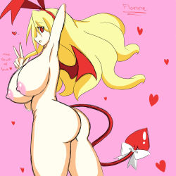  armpits ass blonde_hair breasts curvy demon demon_tail demon_wings disgaea flonne flonne_(fallen_angel) hair_ornament heart huge_breasts nail_polish nipples nude aged_up profile red_eyes standing tail wings zeon_(pixiv722928)  rating:Questionable score:18 user:Xander