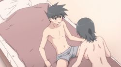  1boy 1girl all_fours animated animated_gif ass back backboob bed bed_sheet bedroom black_hair blush breasts clothed_male_nude_female crawling glasses green_eyes indoors kissxsis large_breasts looking_at_pussy lying mikuni_miharu navel nude on_back on_bed open_mouth pillow topless_male short_hair shorts smile suminoe_keita talking  rating:Questionable score:194 user:Qwertyuiop999