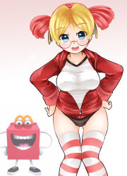  blonde_hair blue_eyes blush breasts glasses hair_ribbon large_breasts looking_at_viewer looking_over_eyewear mcdonald&#039;s multicolored_hair naik original personification plump red_hair ribbon short_hair short_twintails twintails two-tone_hair  rating:Questionable score:17 user:-Z-