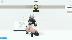  1girl 2b_(nier:automata) animated ass ass_shake assault_rifle bayonet blue_electricity breasts cleavage cleavage_cutout clothing_cutout electricity energy firing game gameplay_mechanics goddess_of_victory:_nikke gun highleg highleg_leotard huge_ass large_breasts leotard nier_(series) pod_(nier:automata) rifle screencap shooting_range sound sword tagme thighhighs video weapon white_hair wide_hips  rating:Questionable score:93 user:drkilljoy282