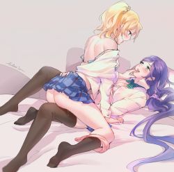     10s 2girls ass ayase_eli black_legwear blonde_hair blue_eyes blush bra breasts finger_to_another&#039;s_mouth green_eyes humping kneehighs long_hair love_live! love_live!_school_idol_project multiple_girls off_shoulder open_mouth panties panty_pull ponytail purple_hair pussy_juice scrunchie shirt_pull sweat thighhighs tida_kietsungden tojo_nozomi twintails underwear very_long_hair yuri  rating:Questionable score:46 user:danbooru