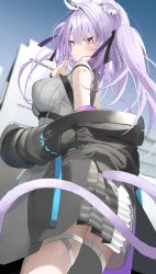  1girl 3d_background absurdres ahoge animal_ear_fluff animal_ears arm_strap bandaid bandaid_on_arm black_jacket black_ribbon cat_ears cat_girl cat_tail chest_harness clothing_cutout covered_erect_nipples from_below from_side grey_shirt grey_skirt grey_thighhighs hair_intakes hair_ribbon hand_up harness highres hololive jacket kamioka_shun&#039;ya knees_out_of_frame long_hair long_sleeves looking_at_viewer miniskirt mixed_media nekomata_okayu nekomata_okayu_(8th_costume) off_shoulder official_alternate_costume official_alternate_hairstyle outdoors pleated_skirt purple_eyes purple_hair ribbed_shirt ribbon shirt single_thighhigh skirt sleeveless sleeveless_shirt slit_pupils solo standing tail tail_through_clothes thigh_strap thighhighs turtleneck twintails virtual_youtuber 