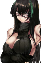 1girl absurdres black_gloves black_hair breasts brown_eyes closed_mouth girls&#039;_frontline glasses gloves green_shirt highres kojima_(blue_stardust) large_breasts long_hair looking_at_viewer m4a1_(girls&#039;_frontline) m4a1_(mod3)_(girls&#039;_frontline) multicolored_hair shirt simple_background solo streaked_hair upper_body